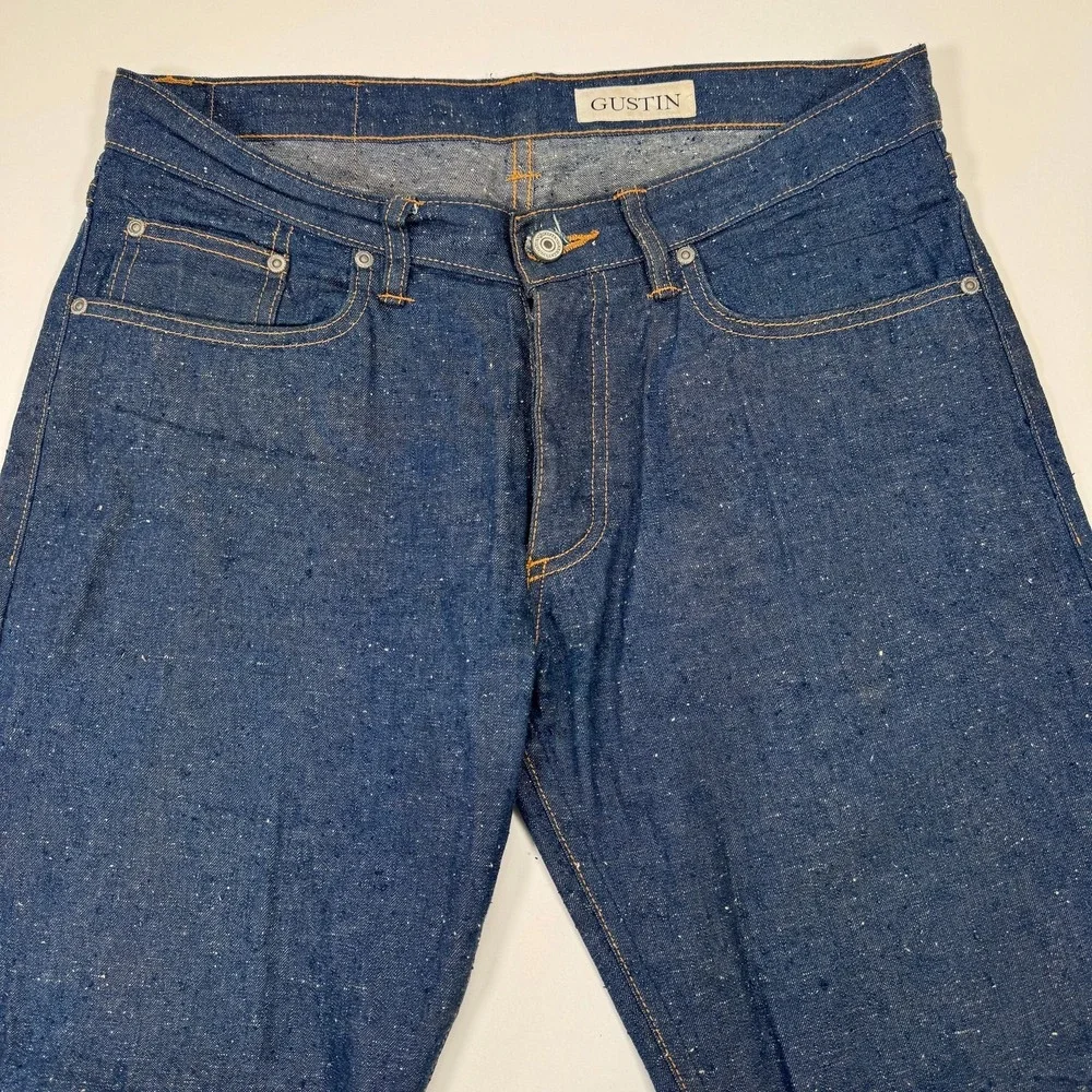 Gustin Slim Fit Mens 33x30 Blue Dark Wash Nep Denim Raw Button Fly Jeans